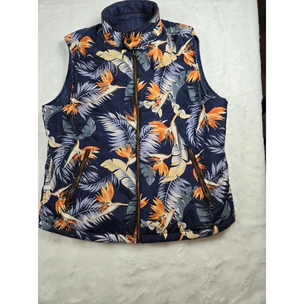 Tommy Bahama Reversible Puffer Vest Blue Herringbone Tropical Floral  XL‎ Layer